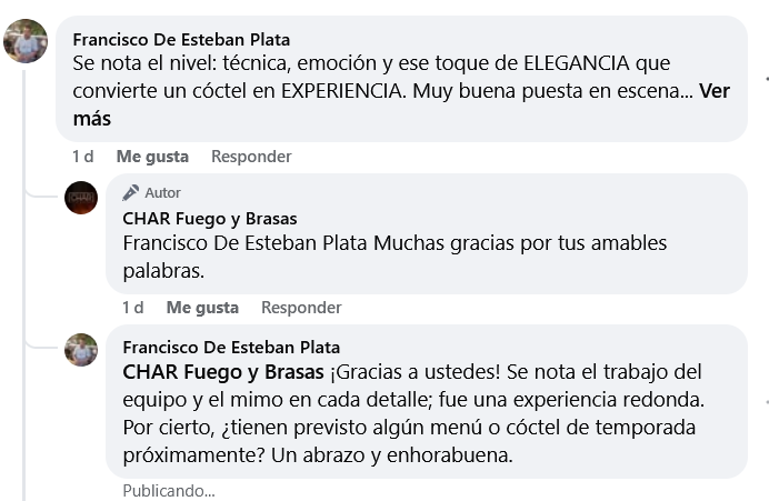 Captura de respuesta pública de CHAR Fuego y Brasas